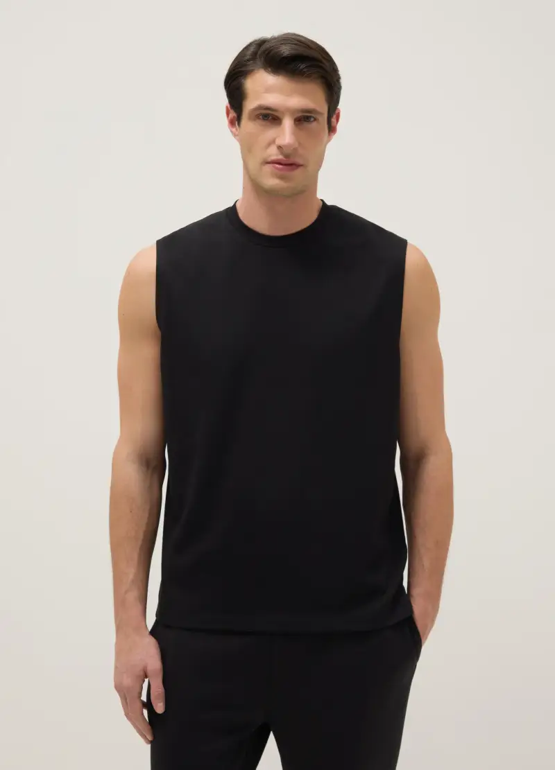 Canottiera In Misto Cotone Nero Regular Fit, Uomo, Nero miniatura 2