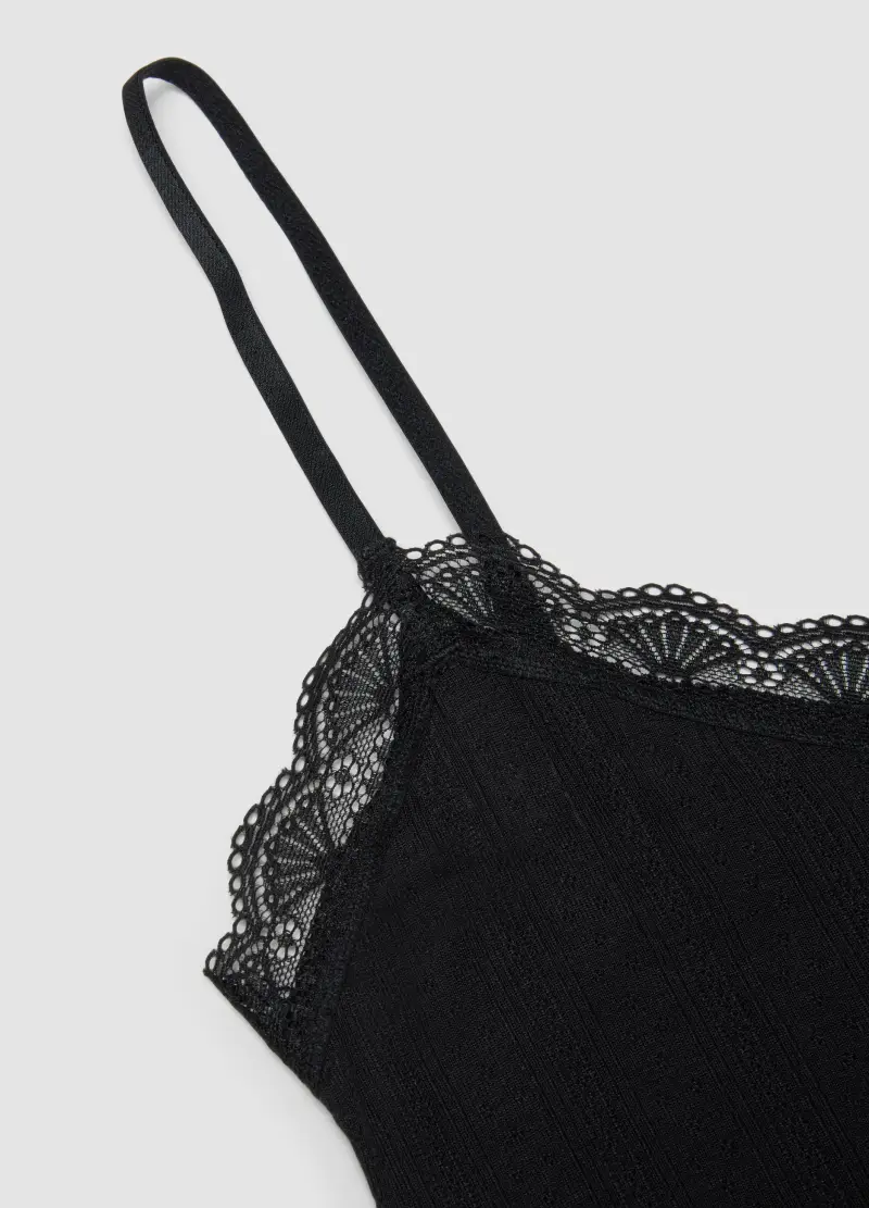 Canottiera In Modal Elasticizzato Nera Regular Fit Con Pizzo, Donna, Nero miniatura 2