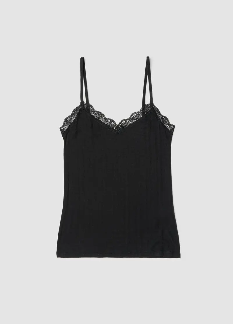Canottiera In Modal Elasticizzato Nera Regular Fit Con Pizzo, Donna, Nero