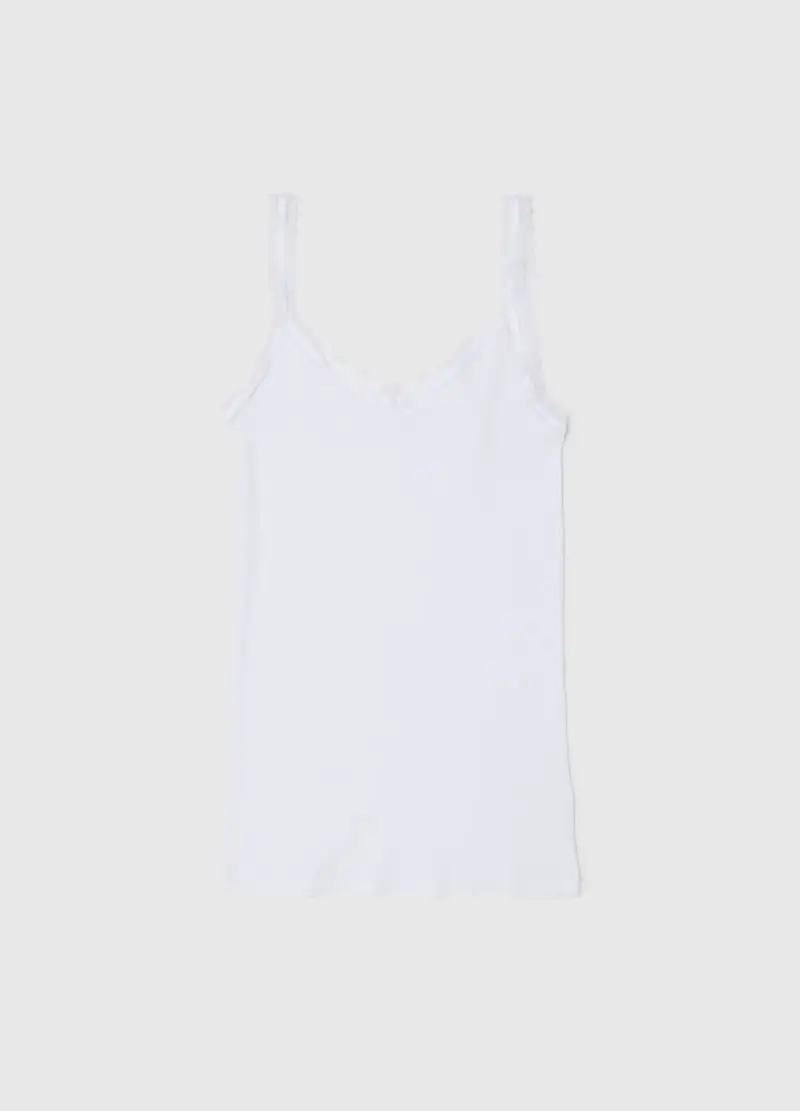 Ovs Canottiera Bianca in Puro Cotone con Bordo in Pizzo per Donna