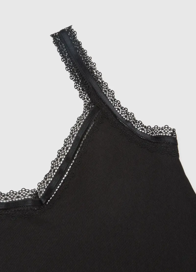 Ovs Canottiera Nera Donna in Puro Cotone con Bordo in Pizzo miniatura 2