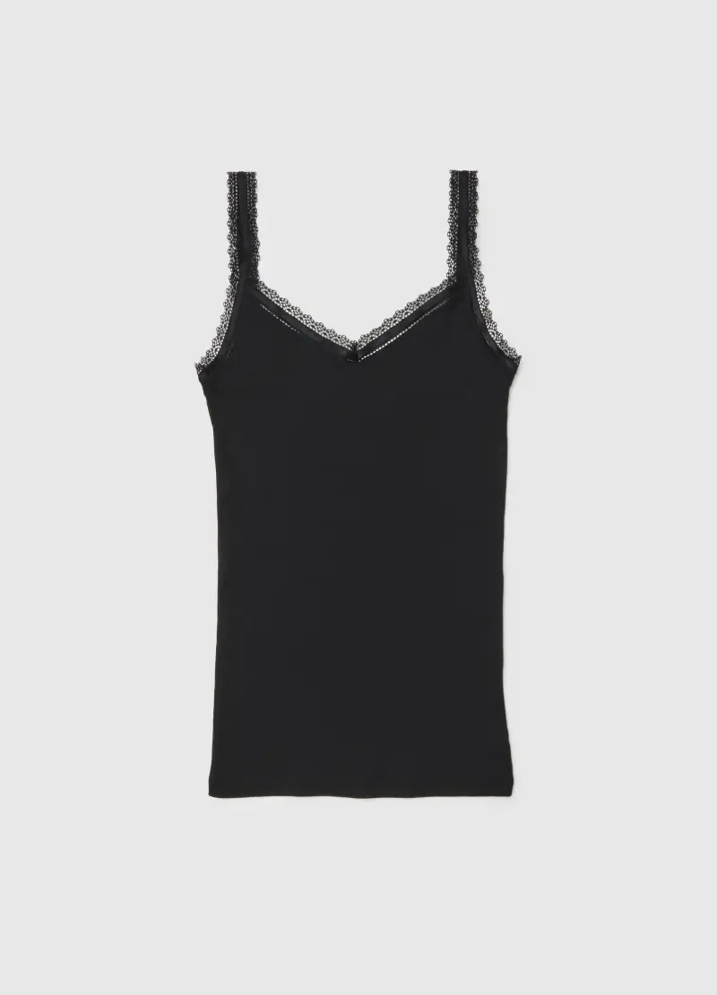 Ovs Canottiera Nera Donna in Puro Cotone con Bordo in Pizzo