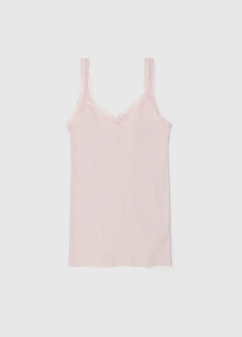 Ovs Canottiera Rosa in Puro Cotone con Bordo in Pizzo per Donna