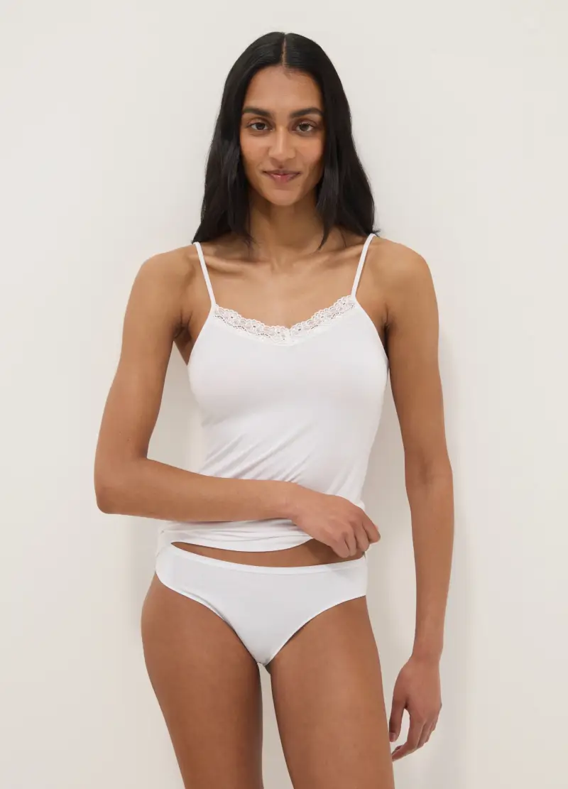 Canottiera In Viscosa Elasticizzata Bianca Slim Fit Con Pizzo, Donna, Bianco