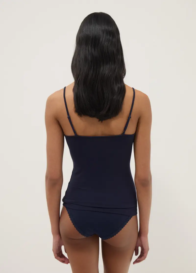 Canottiera In Viscosa Elasticizzata Blu Slim Fit Con Pizzo, Donna, Blu miniatura 3