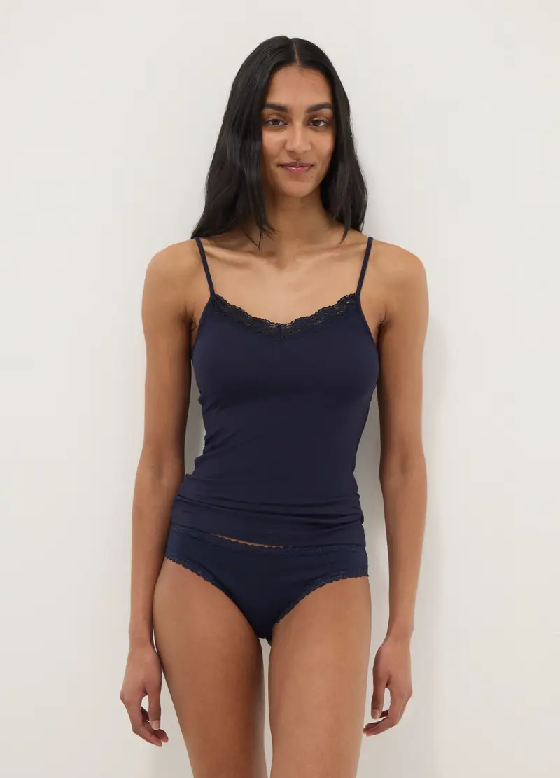 Canottiera In Viscosa Elasticizzata Blu Slim Fit Con Pizzo, Donna, Blu