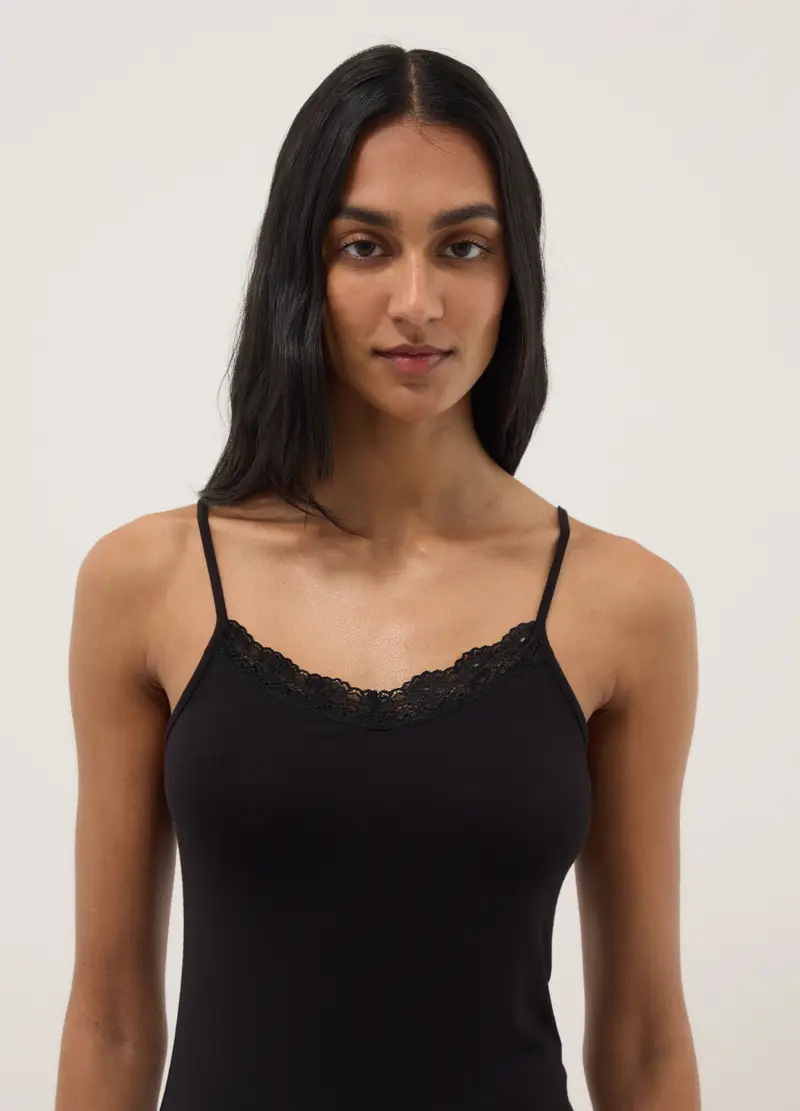 Canottiera In Viscosa Elasticizzata Nera Slim Fit Con Pizzo, Donna, Nero miniatura 2