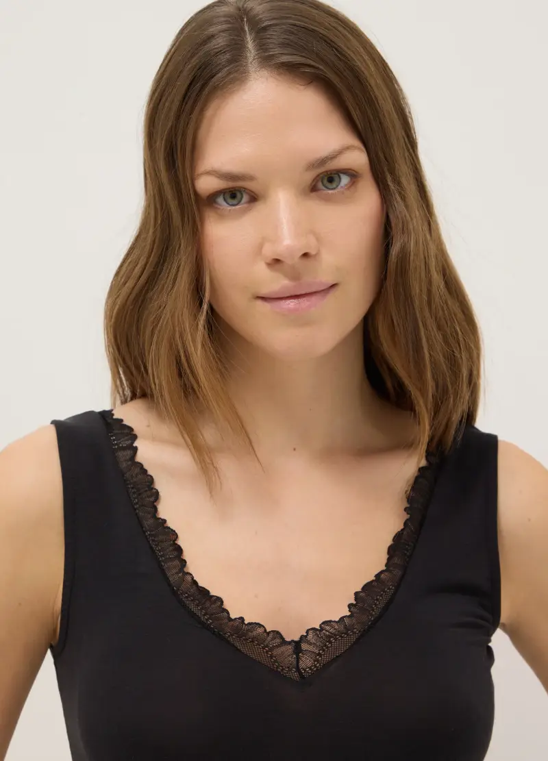 Canottiera Nera Regular Fit Con Pizzo, Donna, Nero miniatura 3