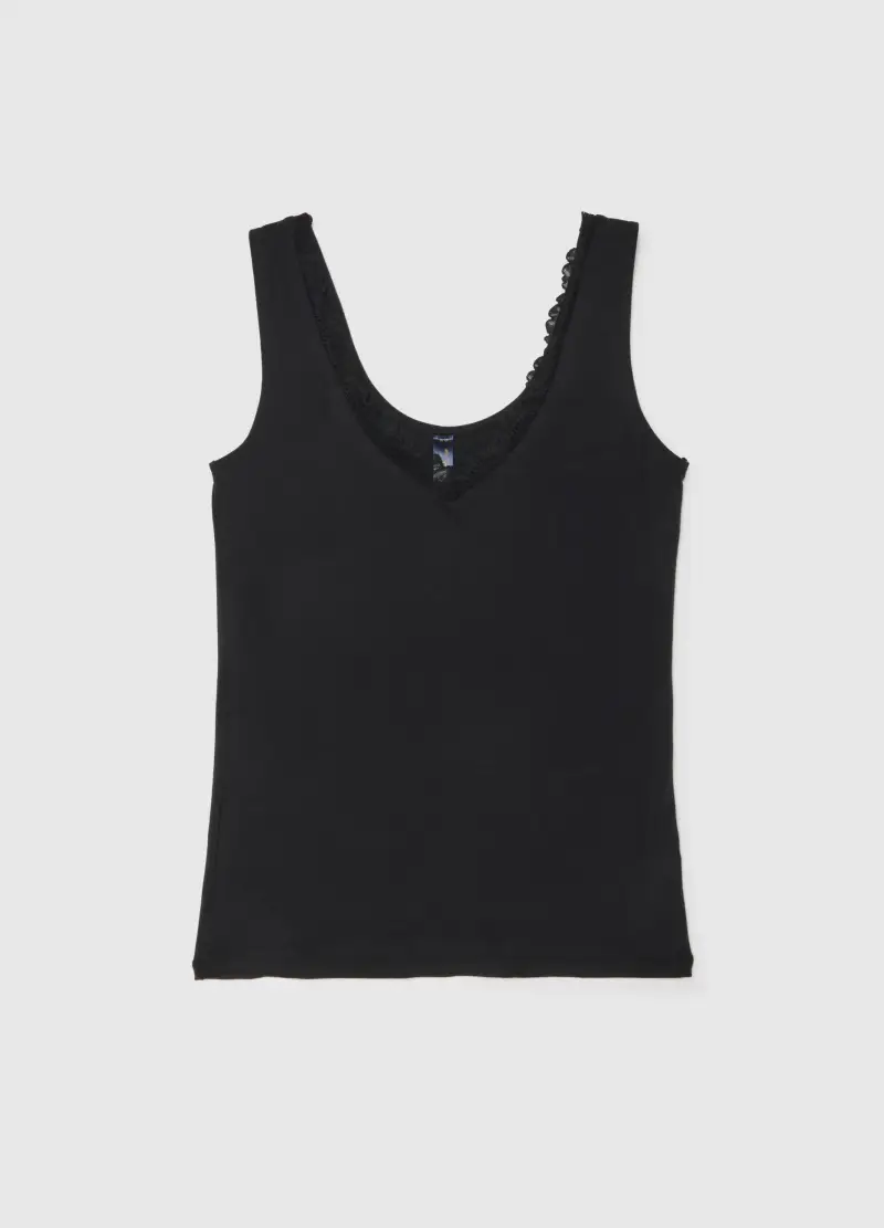 Canottiera Nera Regular Fit Con Pizzo, Donna, Nero