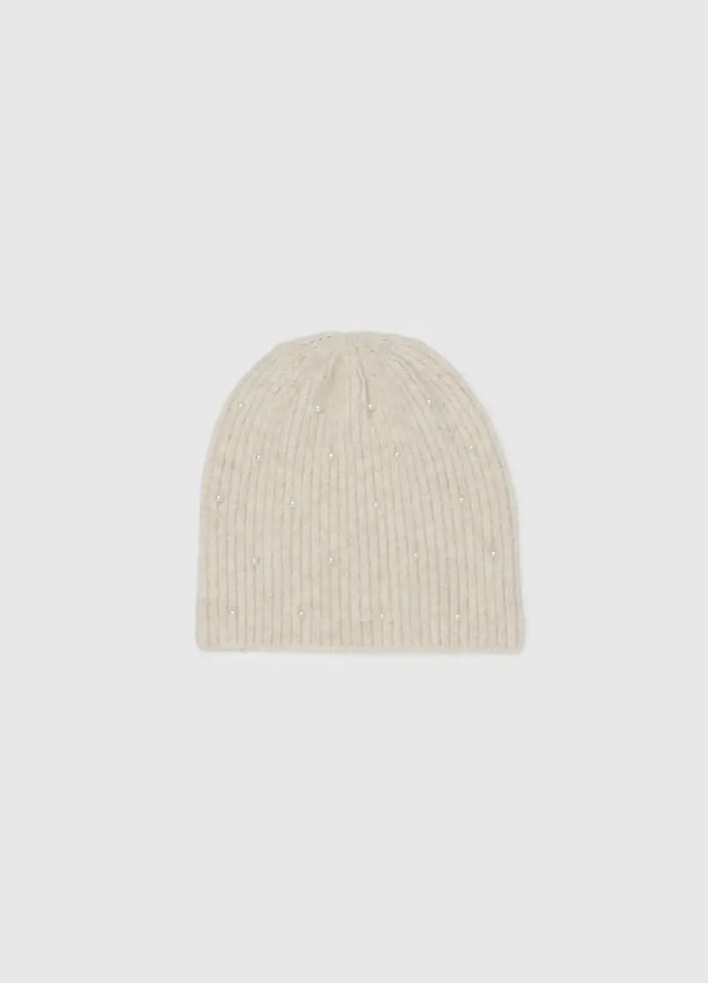 Cappello Beanie Beige Lavorato A Maglia Con Perline, Donna, Beige