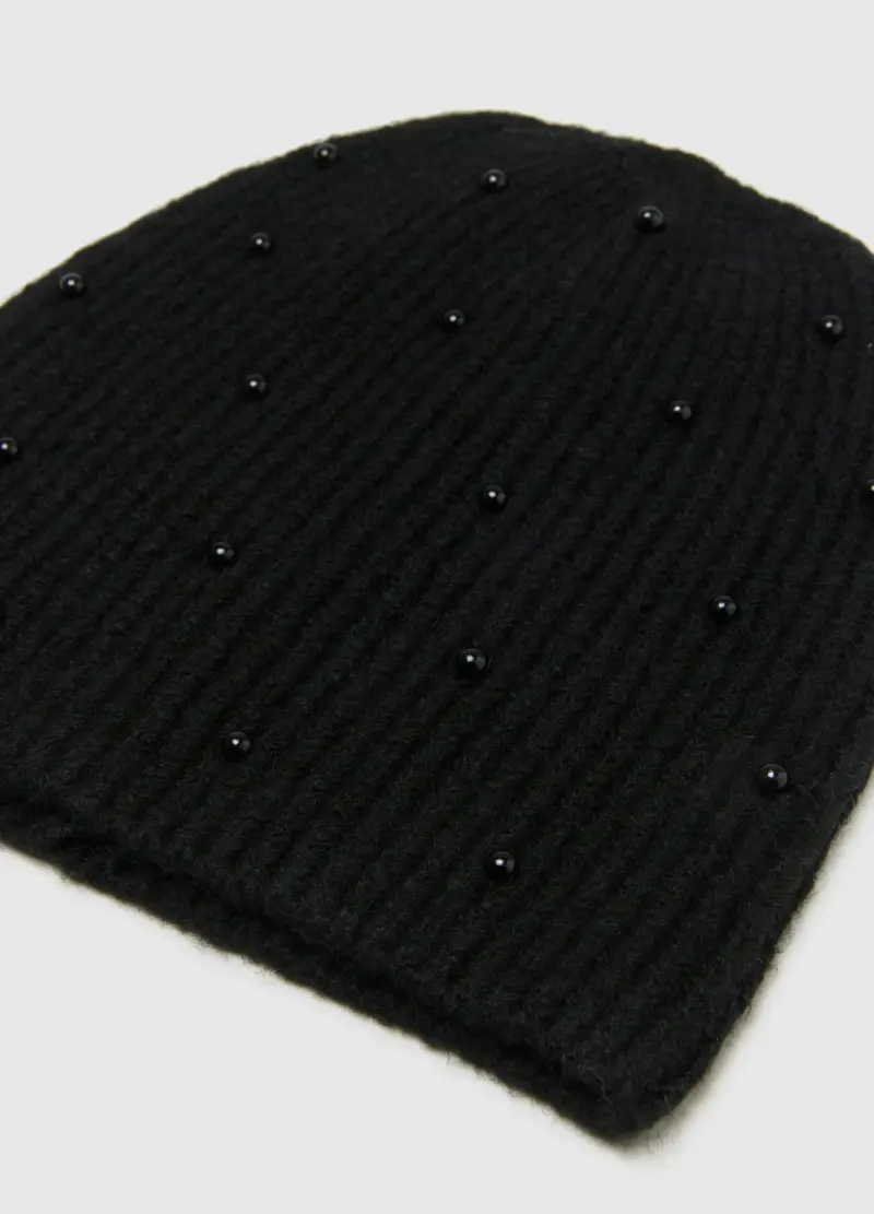 Cappello Beanie Nero Lavorato A Maglia Con Perline, Donna, Nero miniatura 3