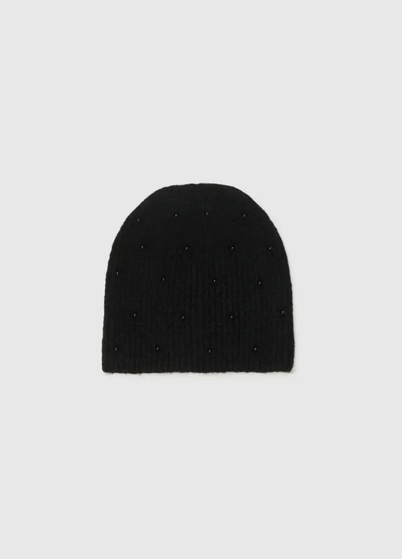 Cappello Beanie Nero Lavorato A Maglia Con Perline, Donna, Nero