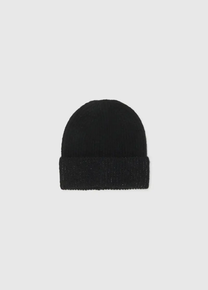 Cappello Beanie Nero Lavorato A Maglia Con Punti Brillantinati, Donna, Nero