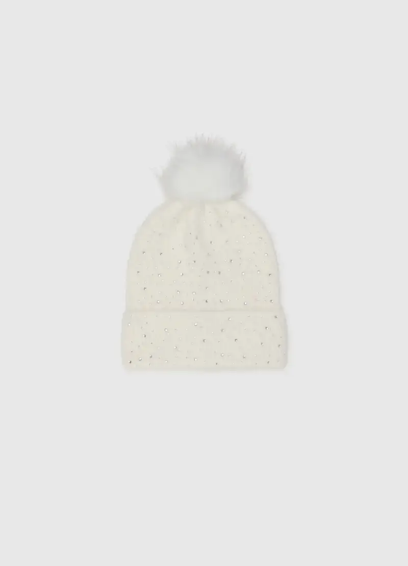 Cappello Bianco Con Pompon E Decorazioni Luccicanti, Donna, Bianco