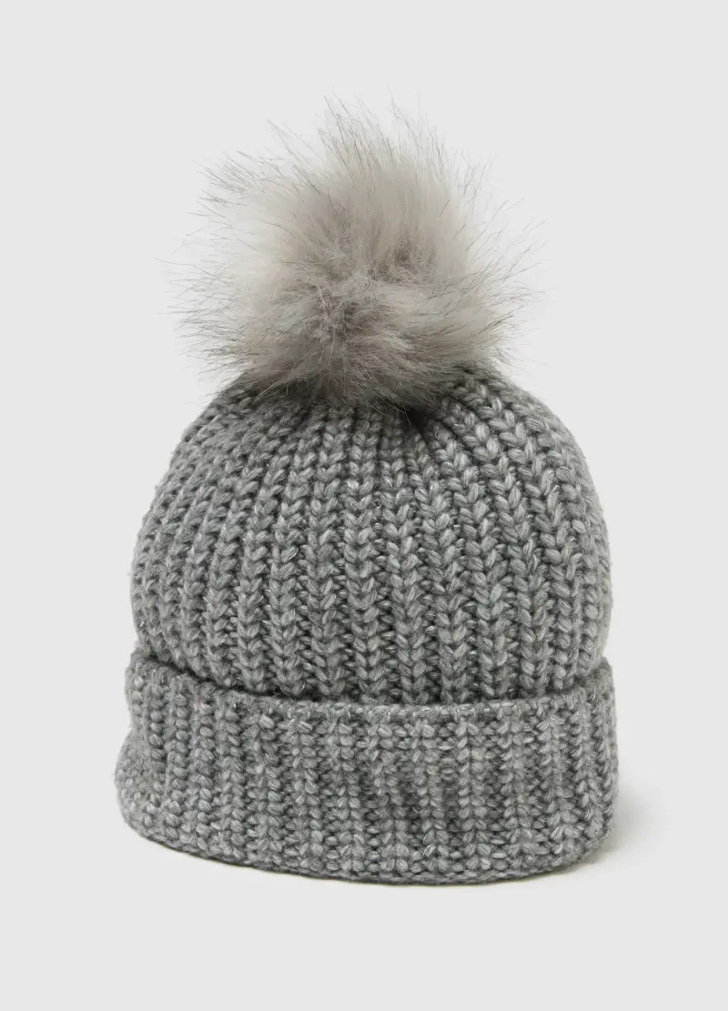Cappello Grigio Con Pompon In Maglia Jersey, Donna, Grigio miniatura 3