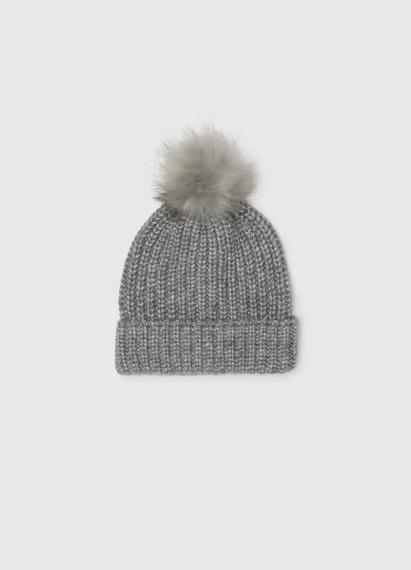 Cappello Grigio Con Pompon In Maglia Jersey, Donna, Grigio
