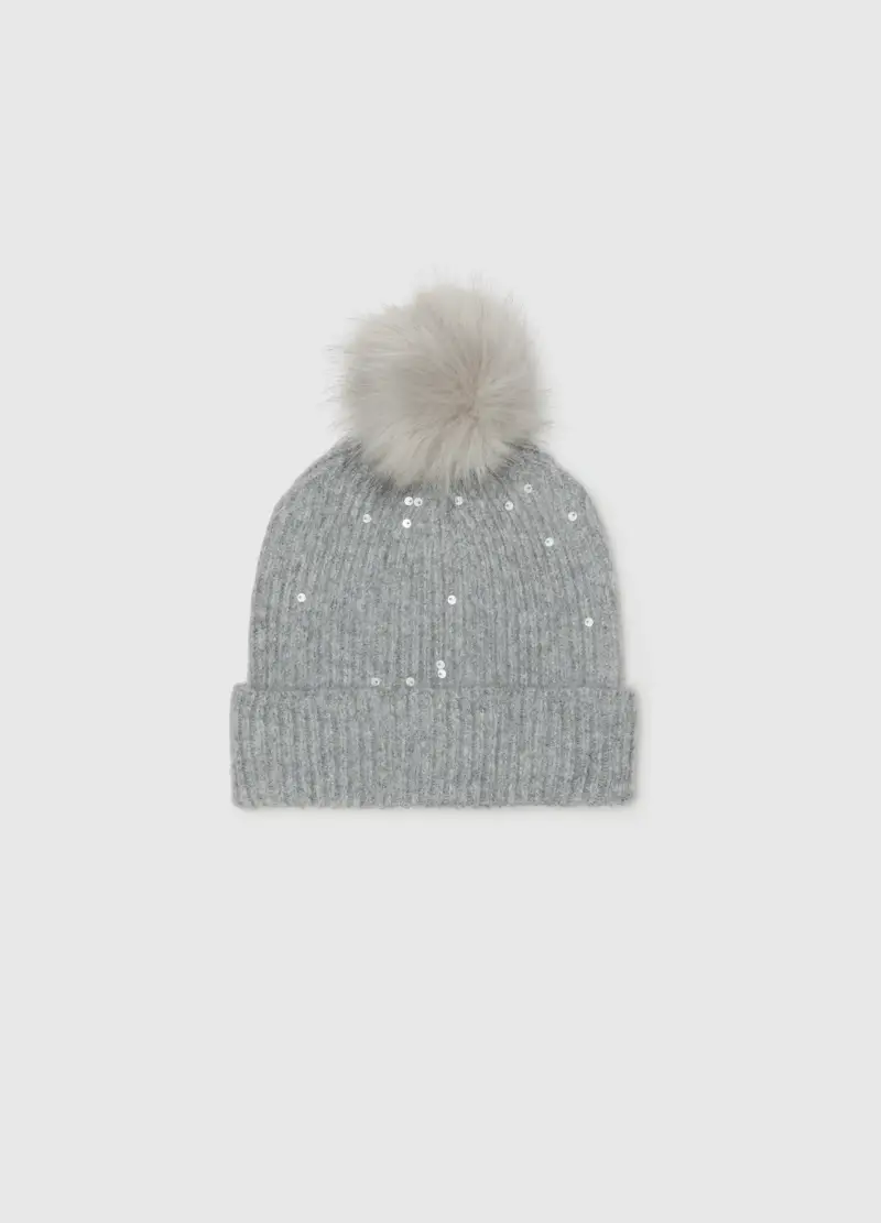 Cappello Grigio Con Pon Pon E Paillettes, Donna, Grigio