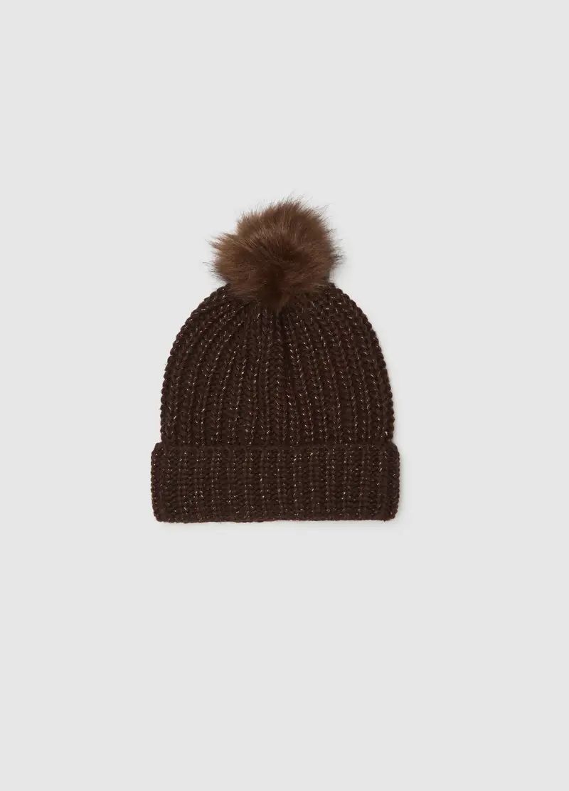 Cappello Marrone Con Pompon In Maglia Jersey, Donna, Marrone