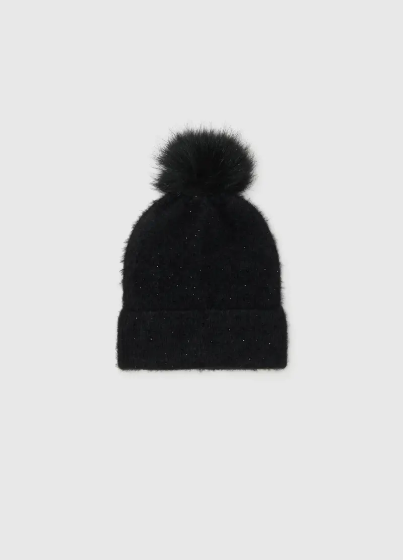 Cappello Nero Con Pompon E Decorazioni Luccicanti, Donna, Nero