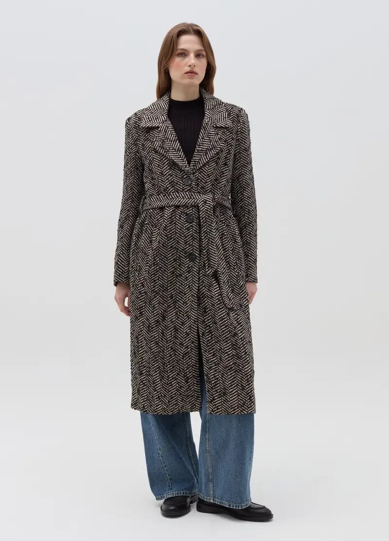 Cappotto Lungo Con Disegnatura A Spina Di Pesce, Donna, Multicolor miniatura 2