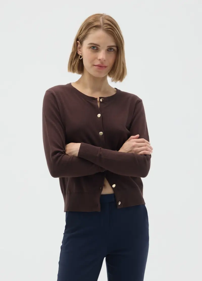 Cardigan In Puro Cotone Marrone Regular Fit, Donna, Marrone