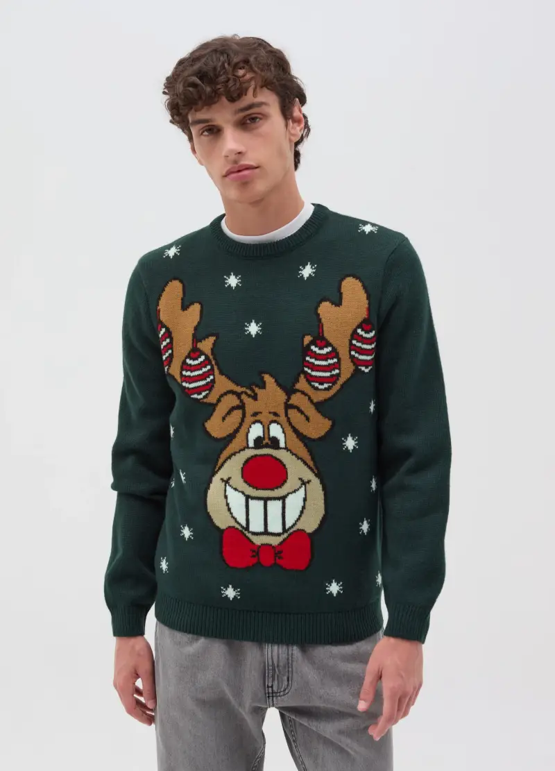 Christmas Jumper Con Renna Rudolph, Uomo, Verde miniatura 2