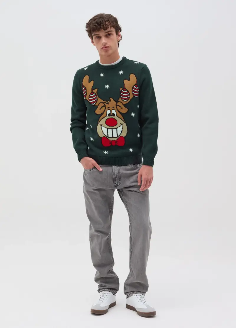 Christmas Jumper Con Renna Rudolph, Uomo, Verde