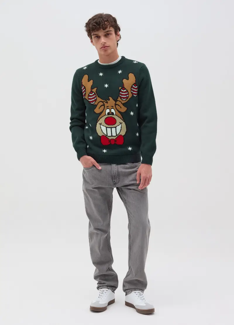 Christmas Jumper Con Renna Rudolph, Uomo, Verde