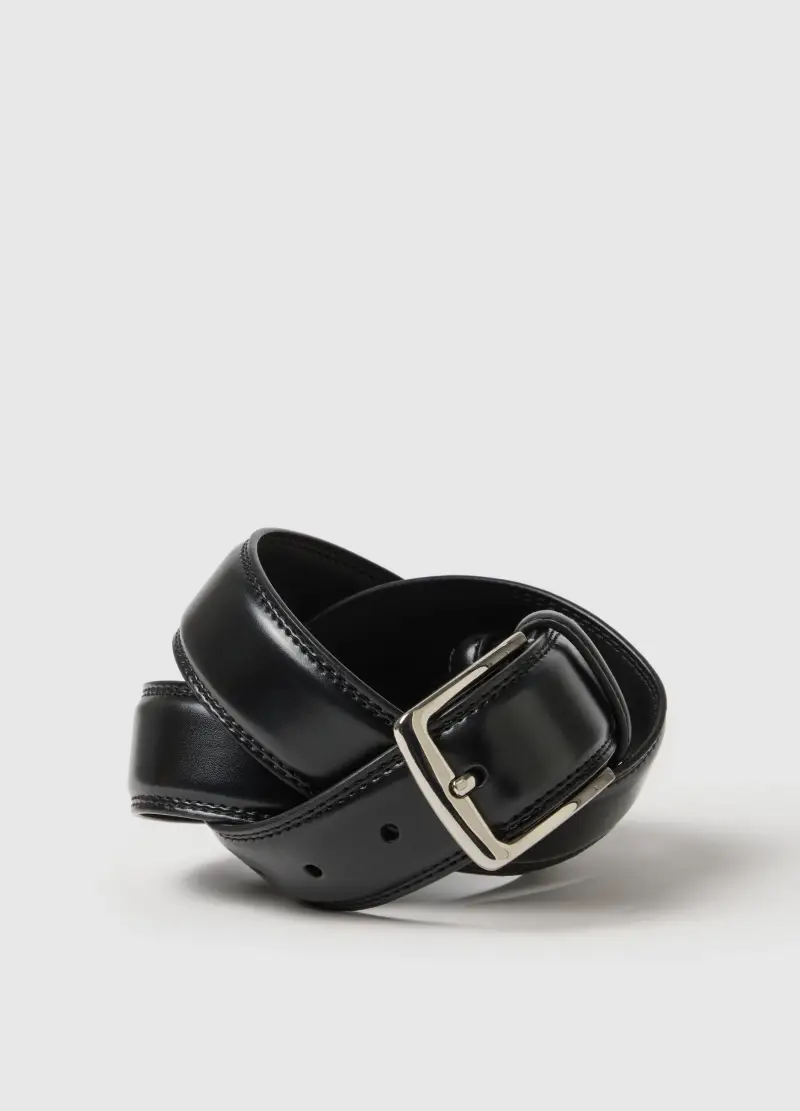 Cintura In Vera Pelle Nera Con Fibbia Robusta, Uomo, Nero miniatura 3