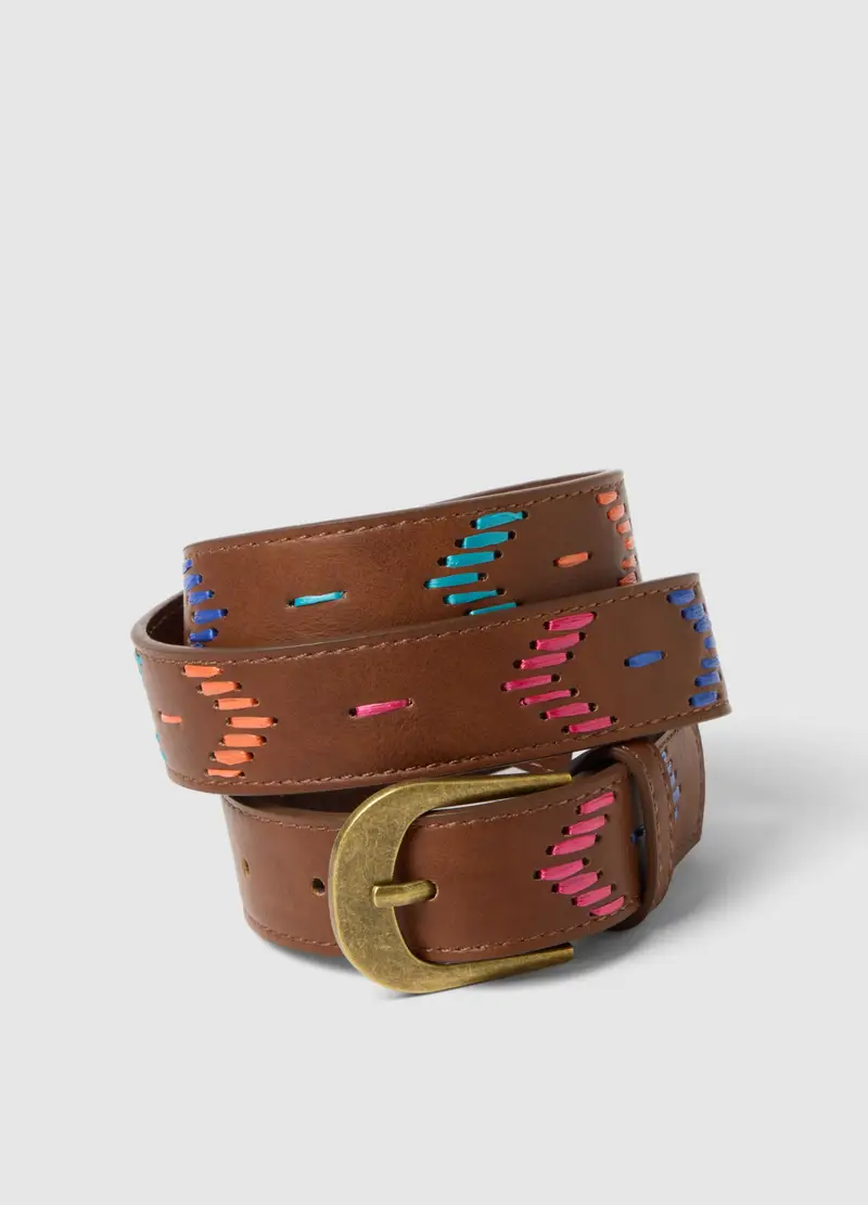 Cintura Marrone Con Ricami E Fibbia Dorata, Donna, Marrone miniatura 3