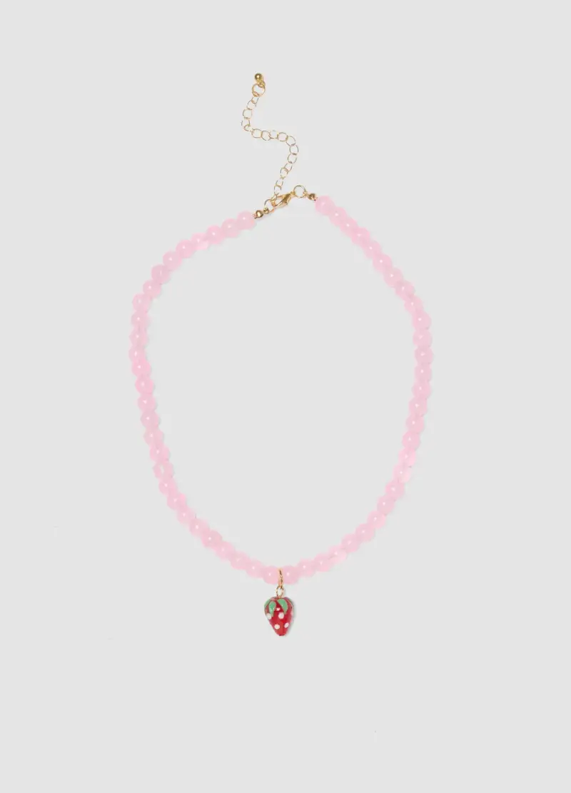 Collana Con Perline Rosa Con Ciondolo Fragola, Donna, Rosa