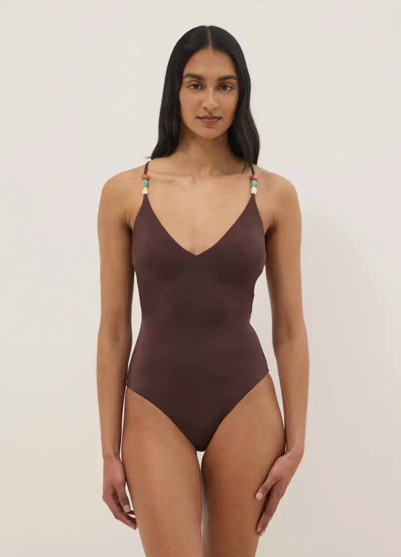 Costume Da Bagno Intero Elasticizzato Marrone Con Pietre, Donna, Marrone miniatura 2