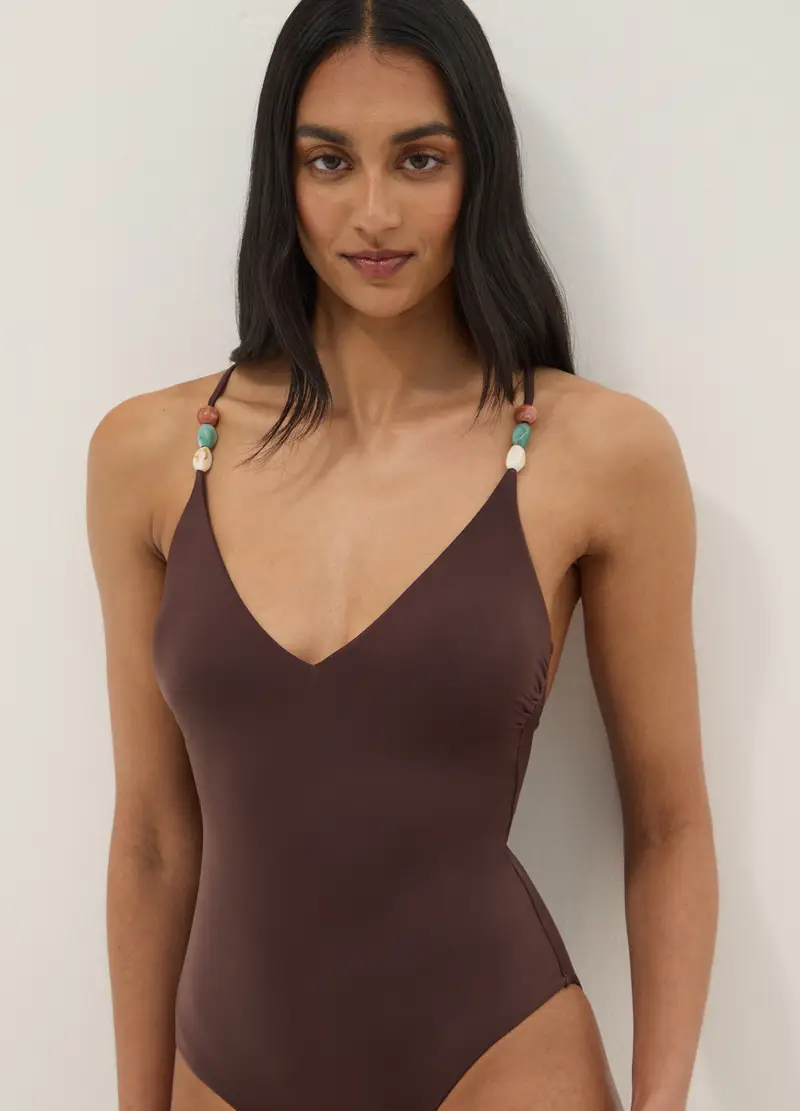 Costume Da Bagno Intero Elasticizzato Marrone Con Pietre, Donna, Marrone