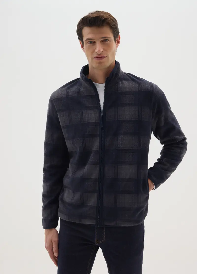 Felpa A Collo Alto Blu Con Quadri Regular Fit In Pile Con Zip, Uomo, Multicolor