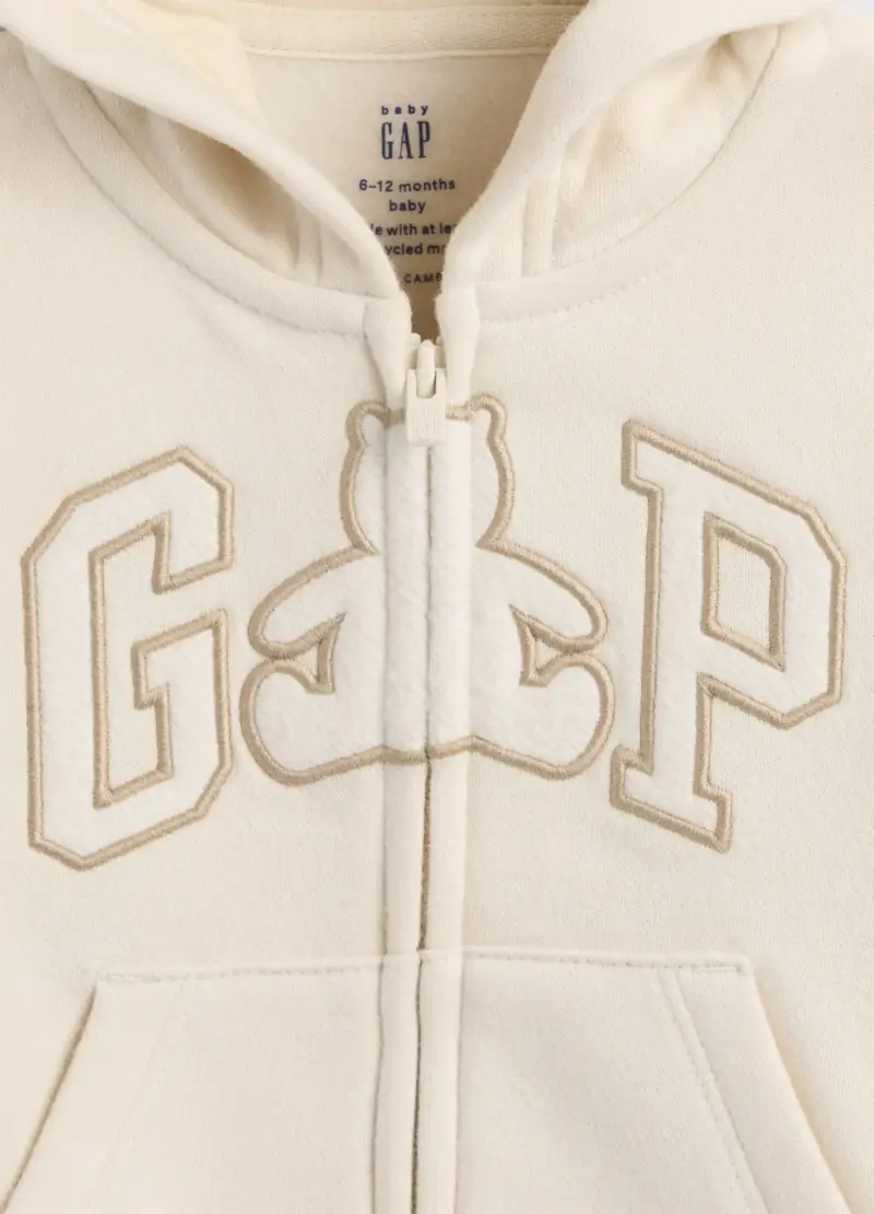 Felpa Beige Con Cappuccio E Zip Intera, Unisex, Beige miniatura 3