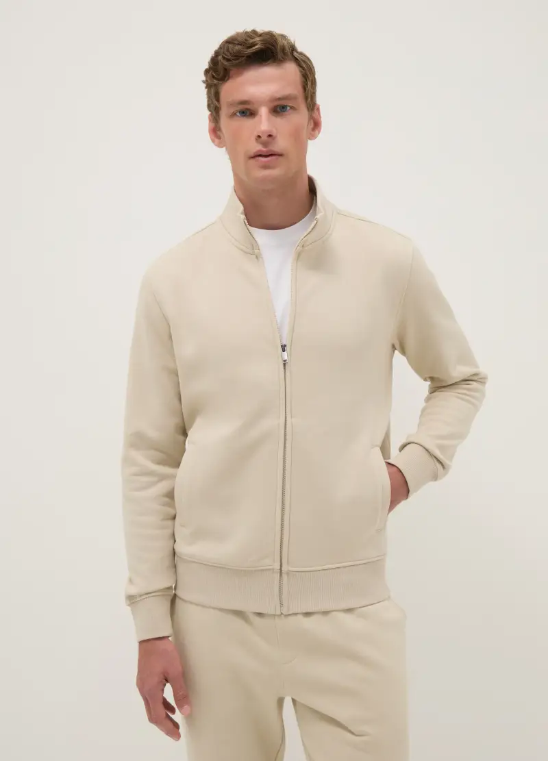 Felpa Beige In Misto Cotone Regular Fit Con Full Zip, Uomo, Beige