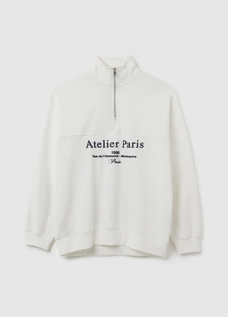 Felpa Bianca Con Mezza Zip, Donna, Bianco