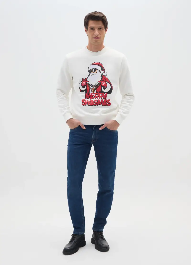 Felpa Bianca In Misto Cotone Regular Fit Con Stampa Natalizia, Uomo, Bianco miniatura 2