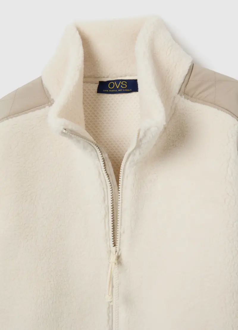 Felpa Bianca Sherpa Con Zip Intera, Uomo, Beige miniatura 2