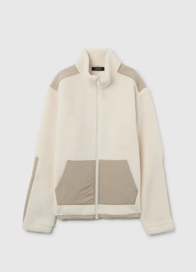 Felpa Bianca Sherpa Con Zip Intera, Uomo, Beige