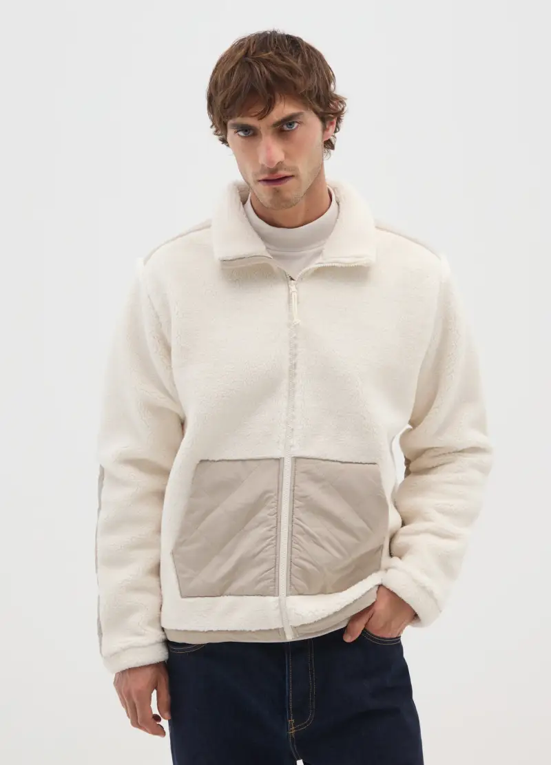 Felpa Bianca Sherpa Con Zip Intera, Uomo, Beige