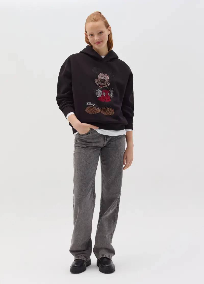 Felpa Con Cappuccio E Topolino In Strass, Donna, Nero
