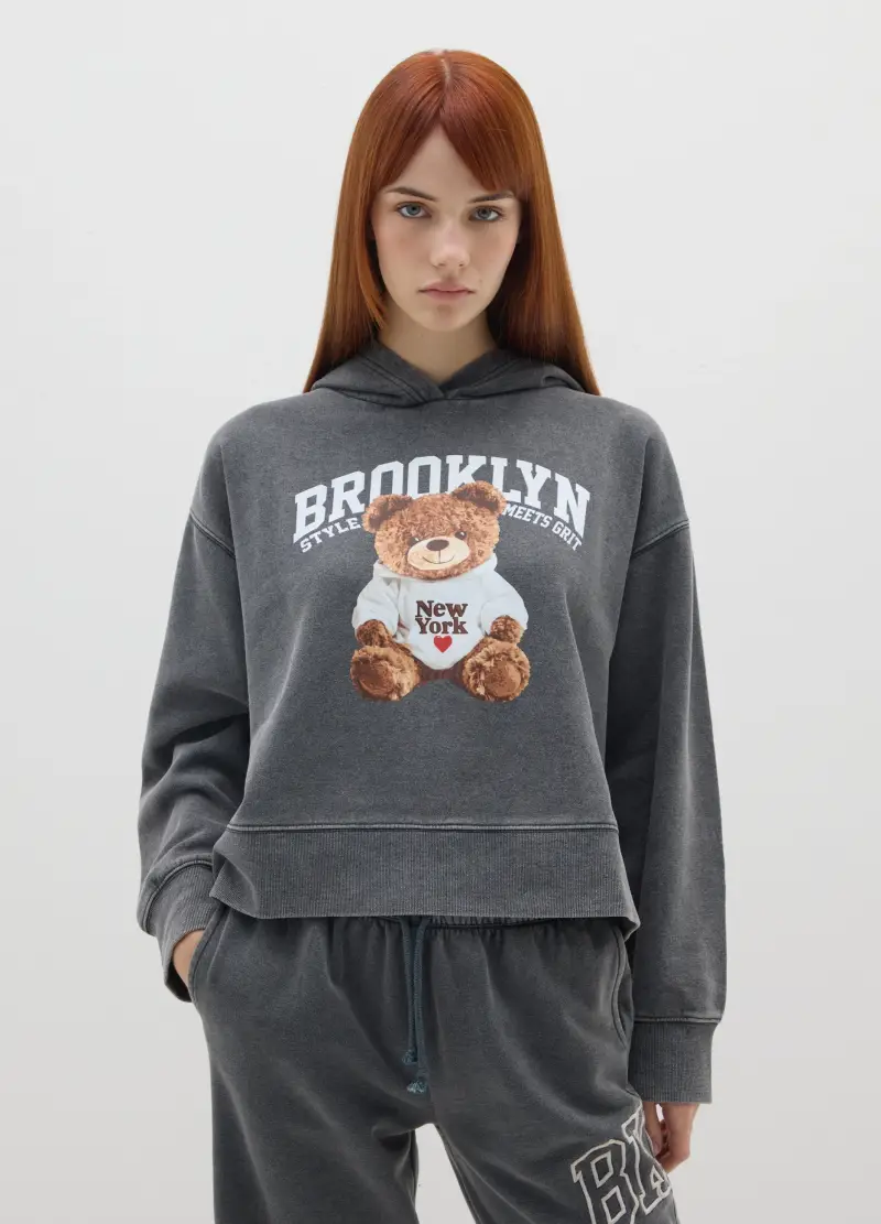 Felpa Con Cappuccio In Misto Cotone Grigia Regular Fit, Donna, Grigio miniatura 3