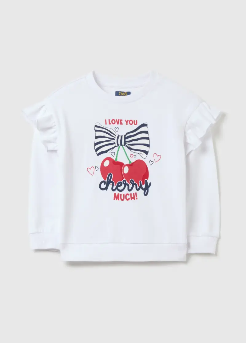 Felpa Con Volant Stampa "i Love You Cherry Much", Bambina, Bianco