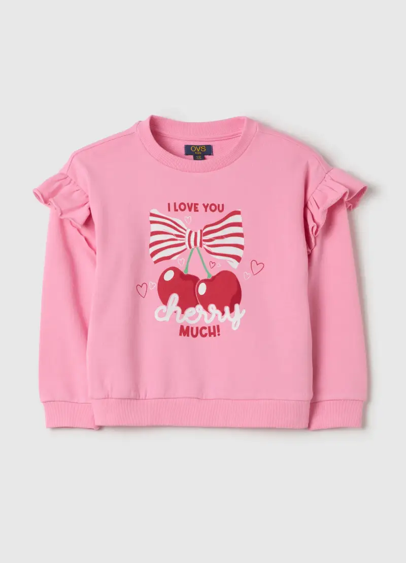 Felpa Con Volant Stampa "i Love You Cherry Much", Bambina, Rosa