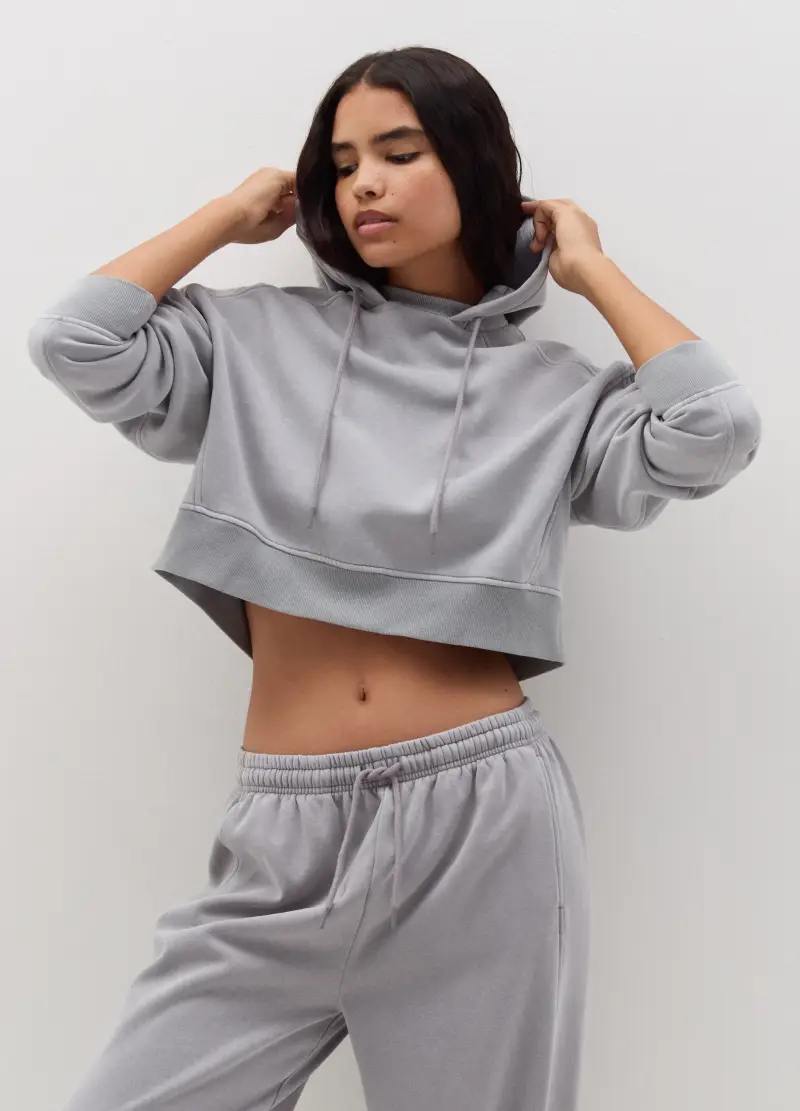 Felpa Crop Con Cappuccio, Donna, Grigio