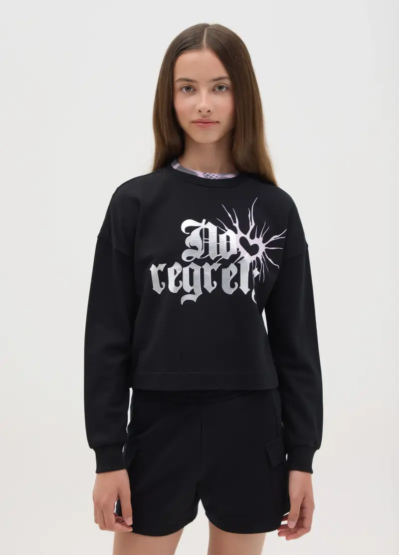 Felpa Cropped Con Stampa Foil, Bambina, Nero