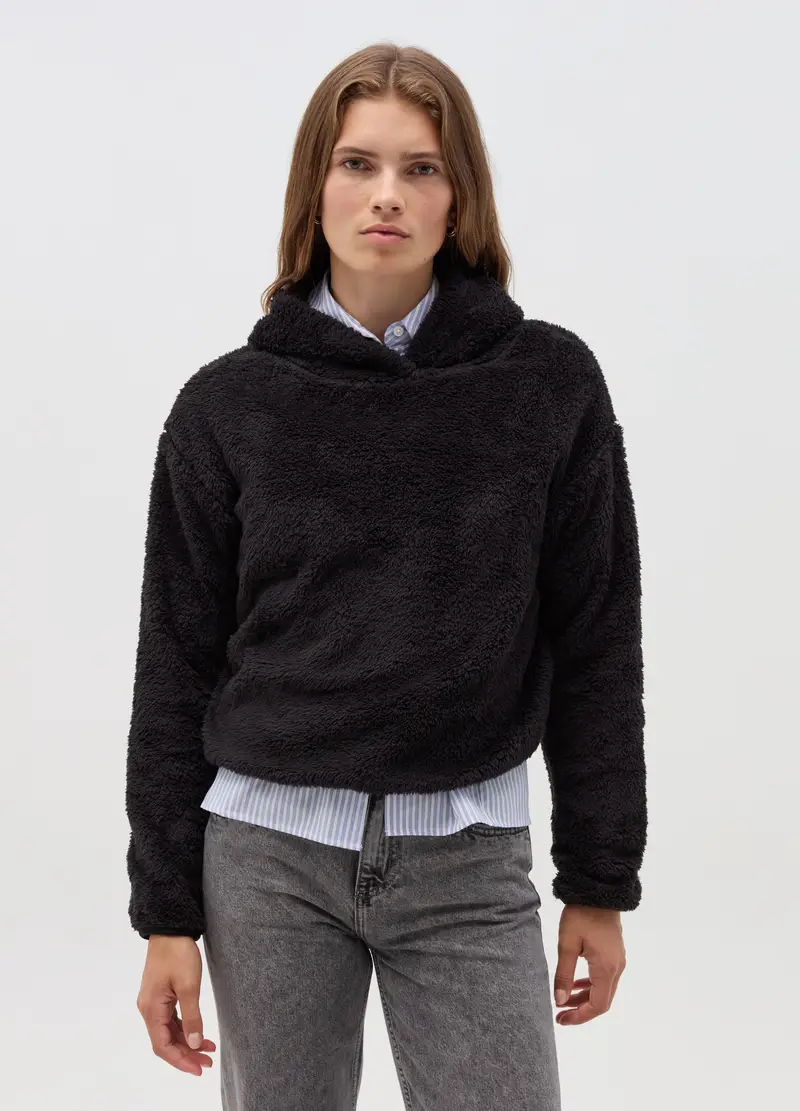 Felpa Essential Crop In Filato Peloso, Donna, Nero miniatura 2