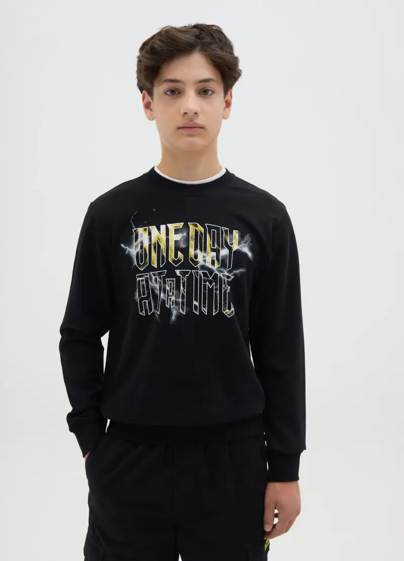 Felpa Girocollo Con Stampa, Bambino, Nero