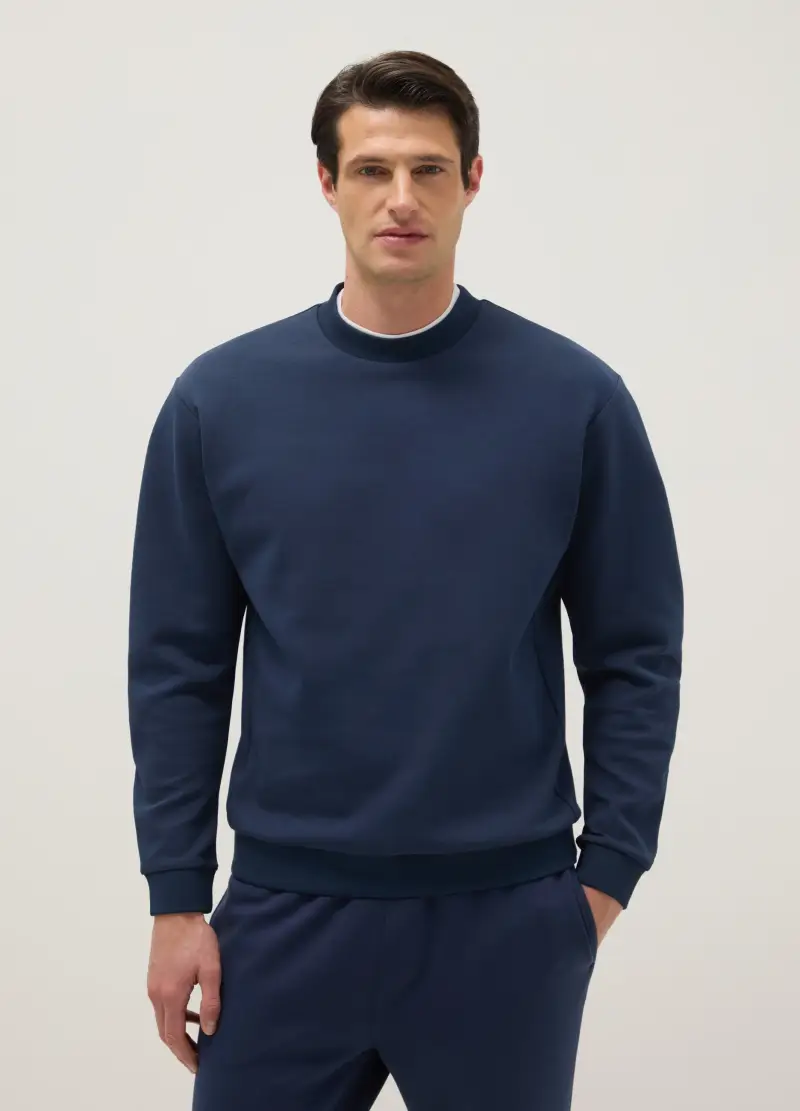 Felpa Girocollo In Misto Cotone Blu Regular Fit, Uomo, Blu